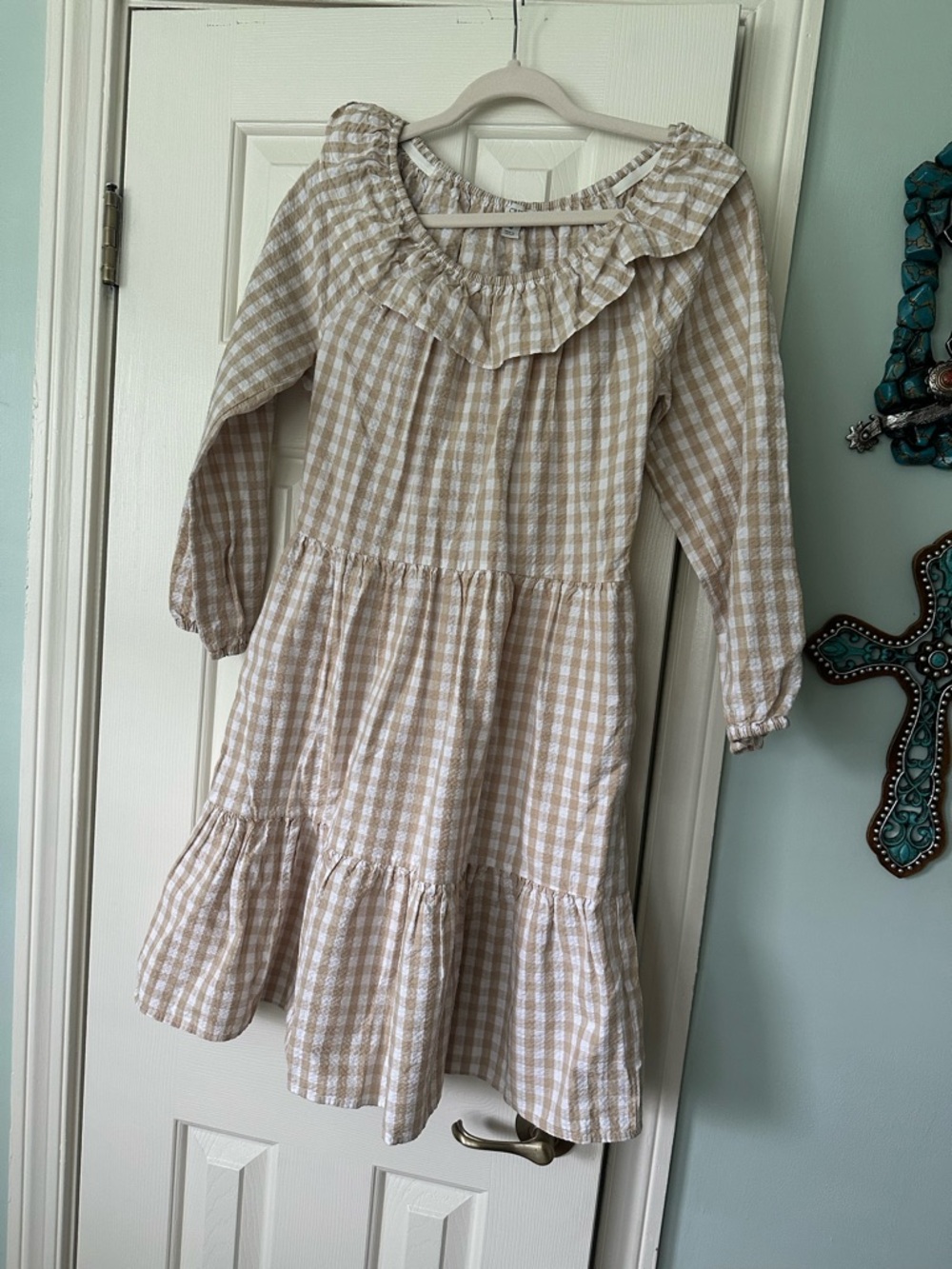 J. Crew Beige and White Gingham Ruffle-Trim Dress
